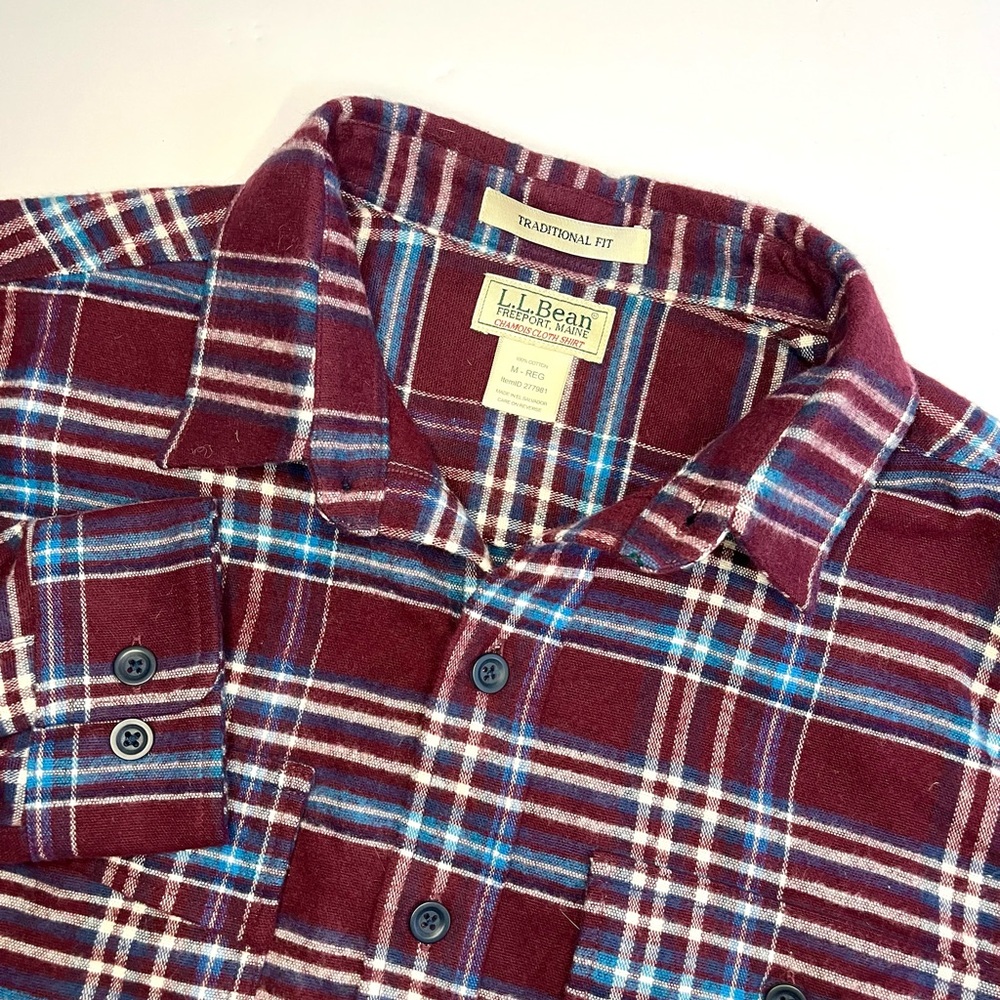 LL Bean Chamois Flannel Shirt Men’s M Red Blue Plaid Button Up Traditional Fit